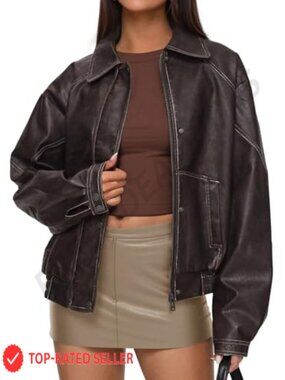 Oversized Faux Leather Moto Biker Jacket Button Down Trench